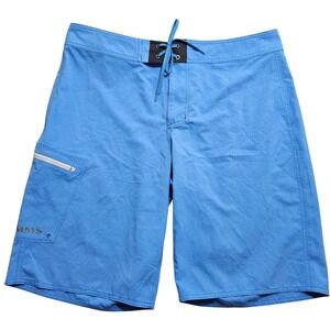 Simms Fishing Products Mens Blue Board Shorts Size L Lace Up Zipper Pocket 10in